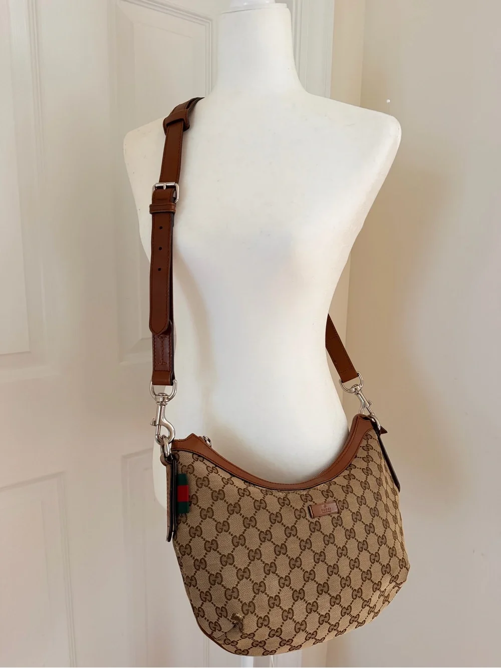Authentic GUCCI GG Canvas Web Sherry Line Half Moon Crossbody bag